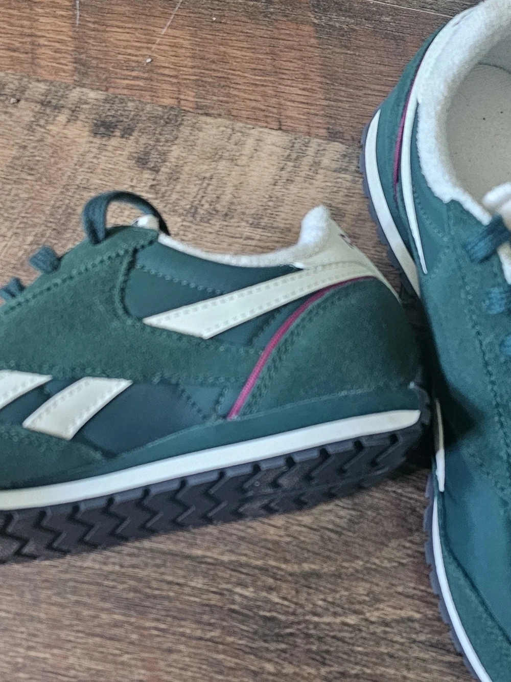 Reebok Green and White Sneaker with Maroon Logo Text